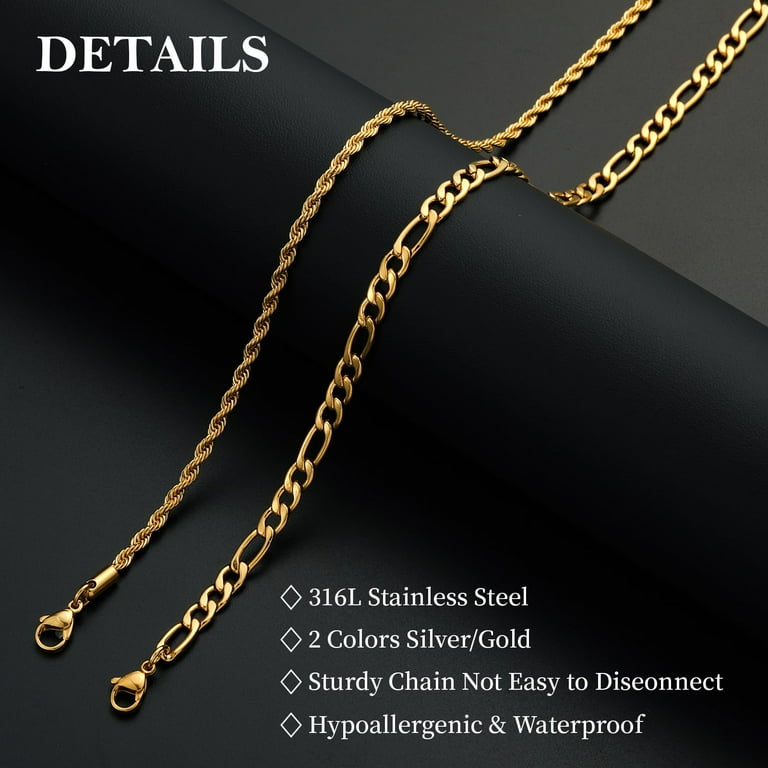 Elegance 11 Designs Layered Chain Necklace Set - Gold/Silver Stainless Steel, 3 Lengths, Square Paperclip & Figaro