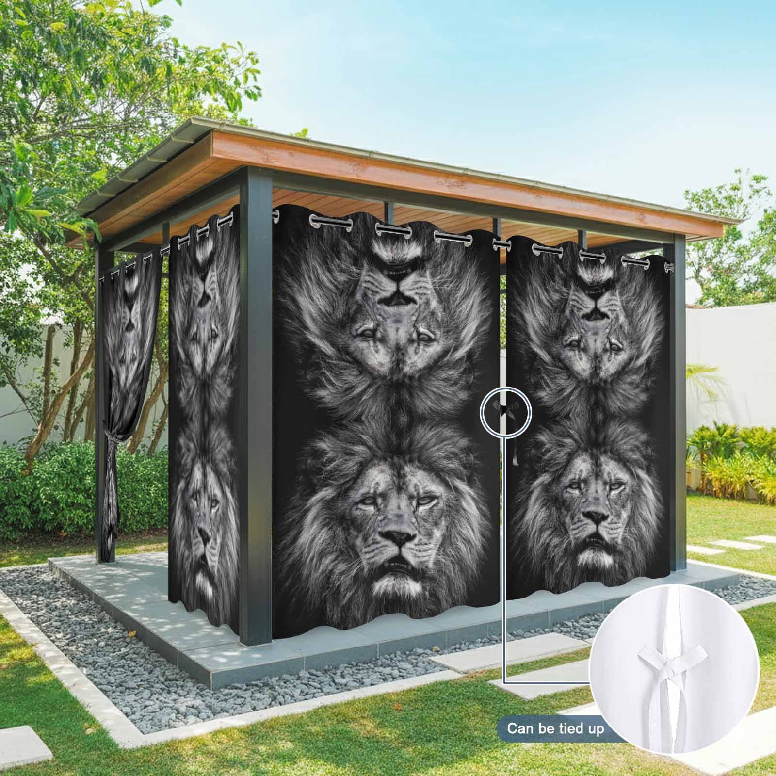 Lion Outdoor Curtains for Patio, Modern Minimalist Black White Powerful Wild Animal Lion Head Sunshade Privacy Drapes Grommet Waterproof Outside Curtains for Porch/Cabana/Balcony 54"x 108", 1 Panel