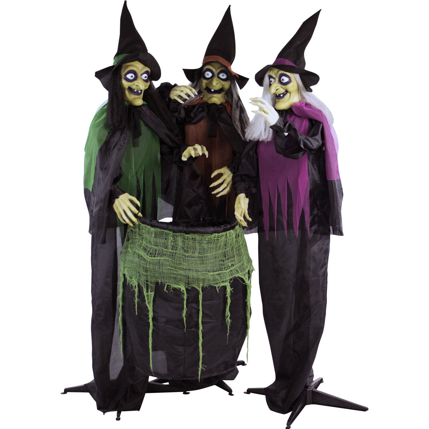 Haunted Hill Farm 5.7 ft Animatronic 3 Witches with Cauldron, Indoor/Covered Outdoor Halloween Decoration with Light-up Eyes, HHWITCH-15FLS