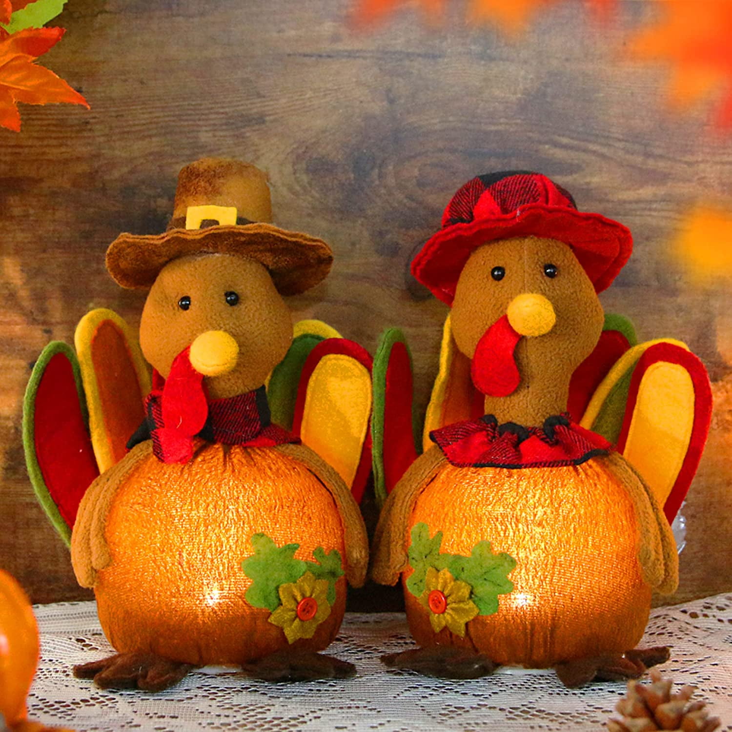 Bibana 9.8 Inch 2 Pack LED Turkey Couple Doll Thanksgiving Tabletop Decoration Exquisite Handmade Turkey Doll Kit, Autumn Fall Home Decor