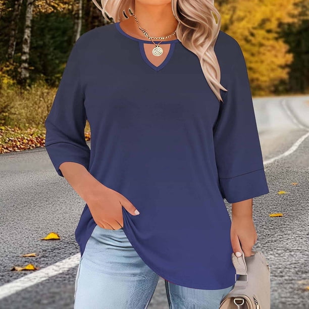 TaTaai Womens Plus Size Crew Neck Three Quarter Sleeve T-Shirt Random Print Front Cutout Design Soft Breathable Casual Base Layer Top For Spring Summer Daily Wear Gift