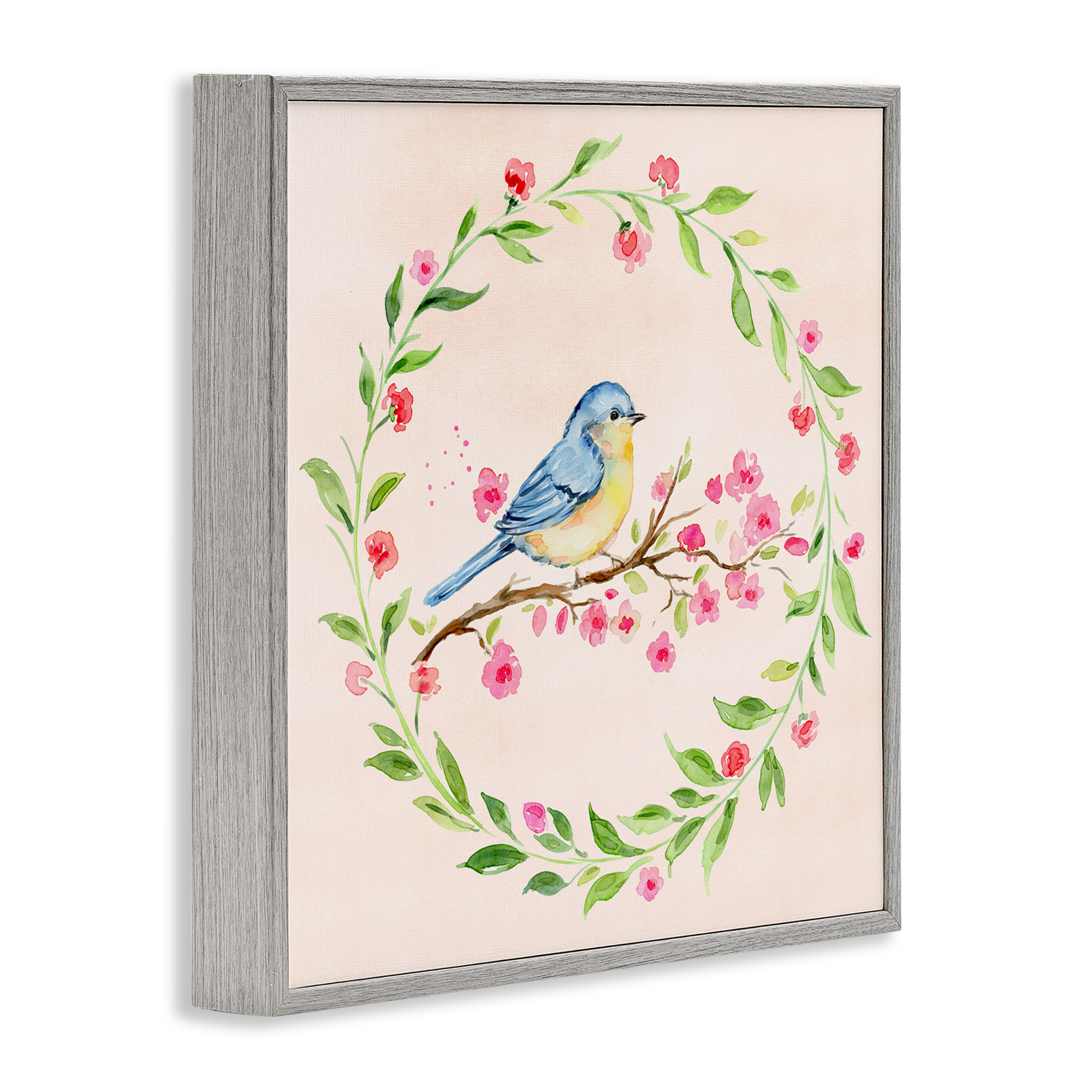 Spring Bird Wreath Perch Gray Framed Giclee Art, design by Elena Fay