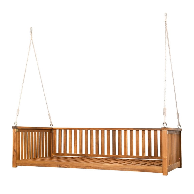 Patio Twin Size Garden Swing Bed, Wooden Porch Swing Frame with Ropes, Outdoor Hanging Swing for Garden, Backyard, Patio, Safe Sloped Design