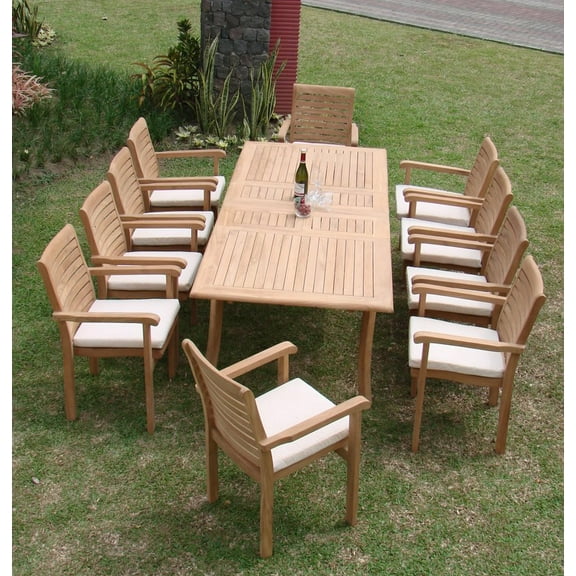 Teak Dining Set:10 Seater 11 Pc - Large 117" Rectangle Table and 10 Hari Stacking Arm Chairs Outdoor Patio Grade-A Teak Wood WholesaleTeak #WMDSHRb