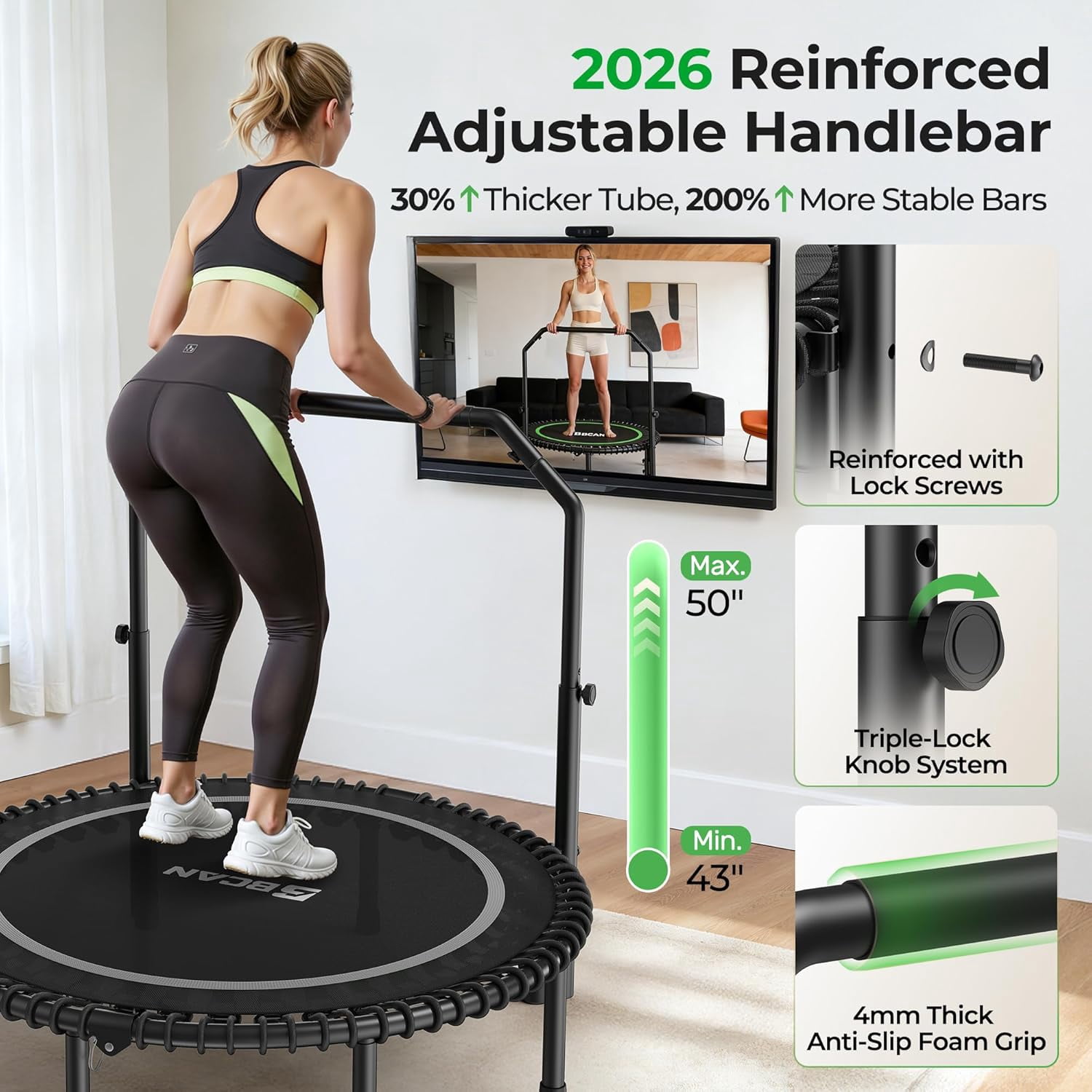 BCAN BT2 48-Inch Adult Mini Rebounder Trampoline, 550-pound weight capacity, adjustable handrails, and a Silent Resistance Band Design, suitable for indoor and outdoor home workouts
