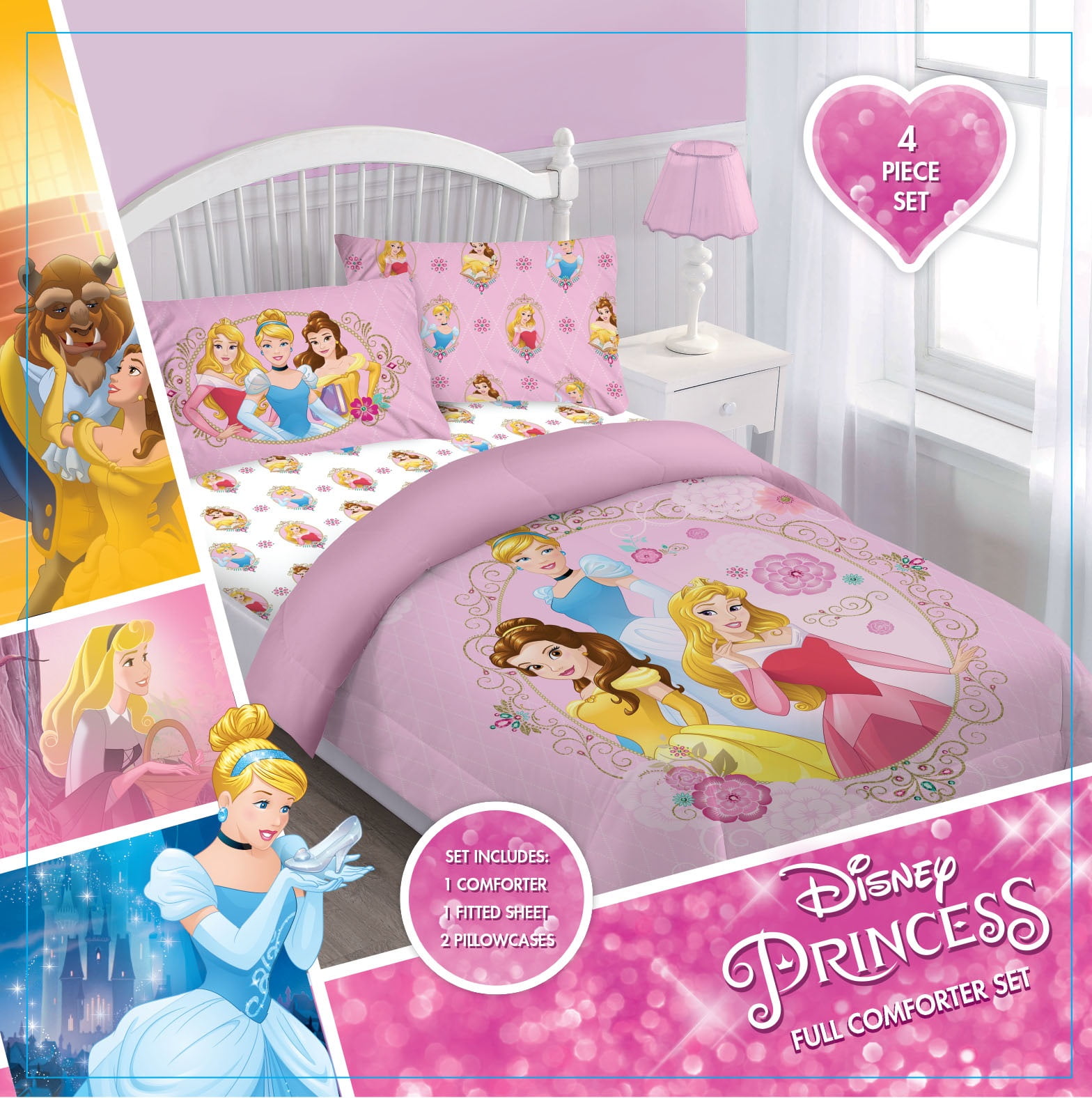 Girls Disney Princess Comforter Set Cinderella Belle ...