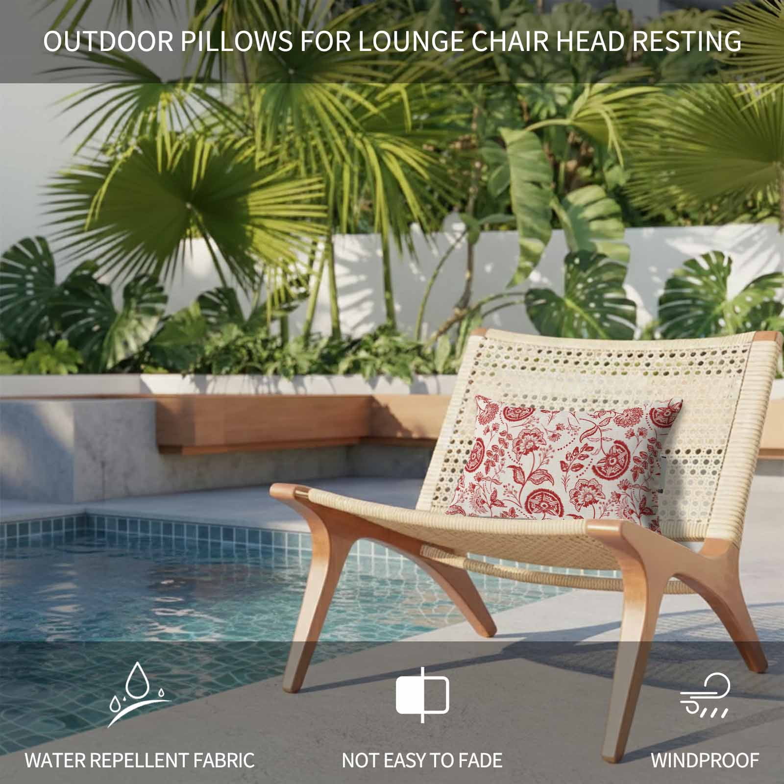 Farmhouse Red Floral Outdoor Chaise Lounge Pillows Linen Boho Flower Rustic Country Lumbar Pillows with Insert Adjustable Elastic Strap Headrest Pillow for Recliner Patio Chair 2 Pack 12x20 Inch