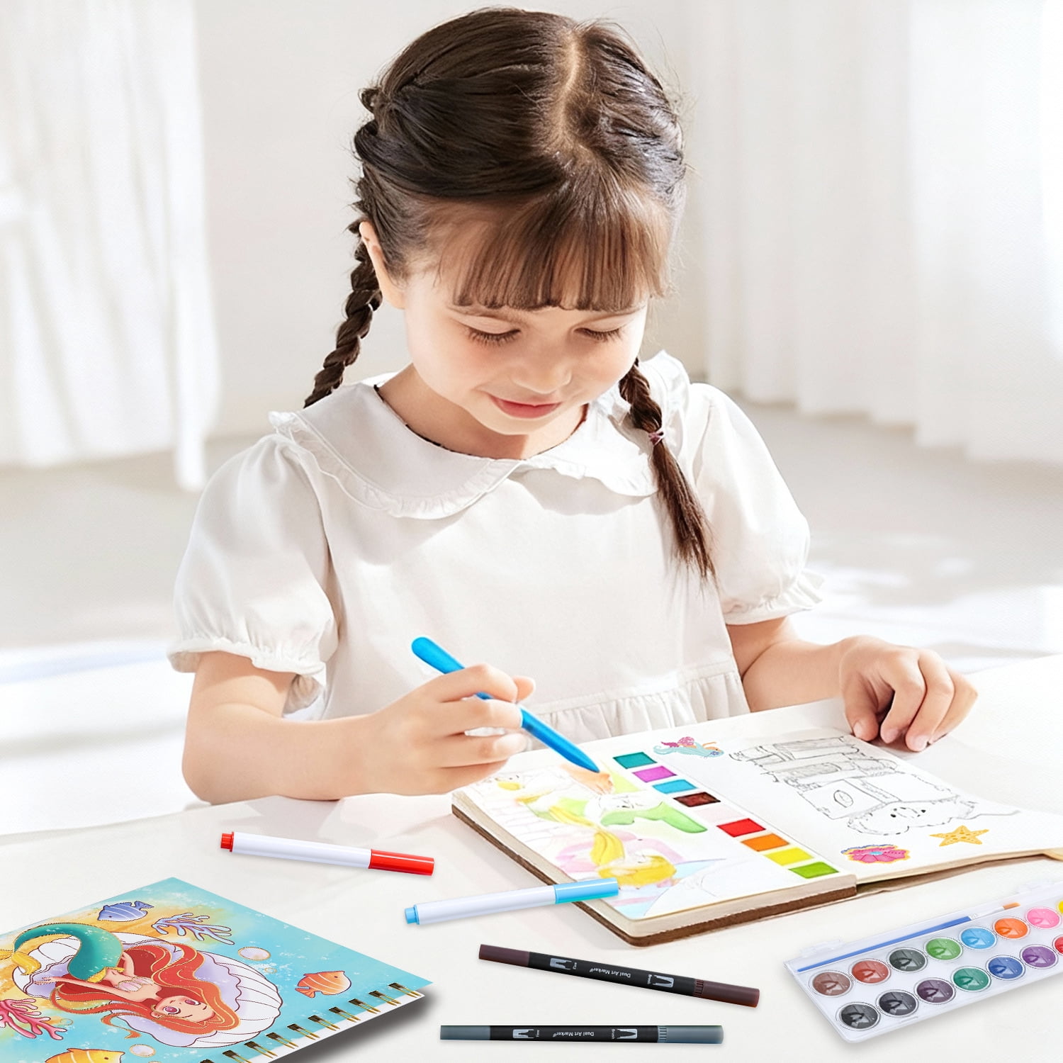 Aijohnny Mermaid Art Set,Washable Scented Markers Kit with Stickers,Glitter Pencil Case,Glitter Pens & Crayons,Birthday Gifts for 3-5 8-12 Year Old