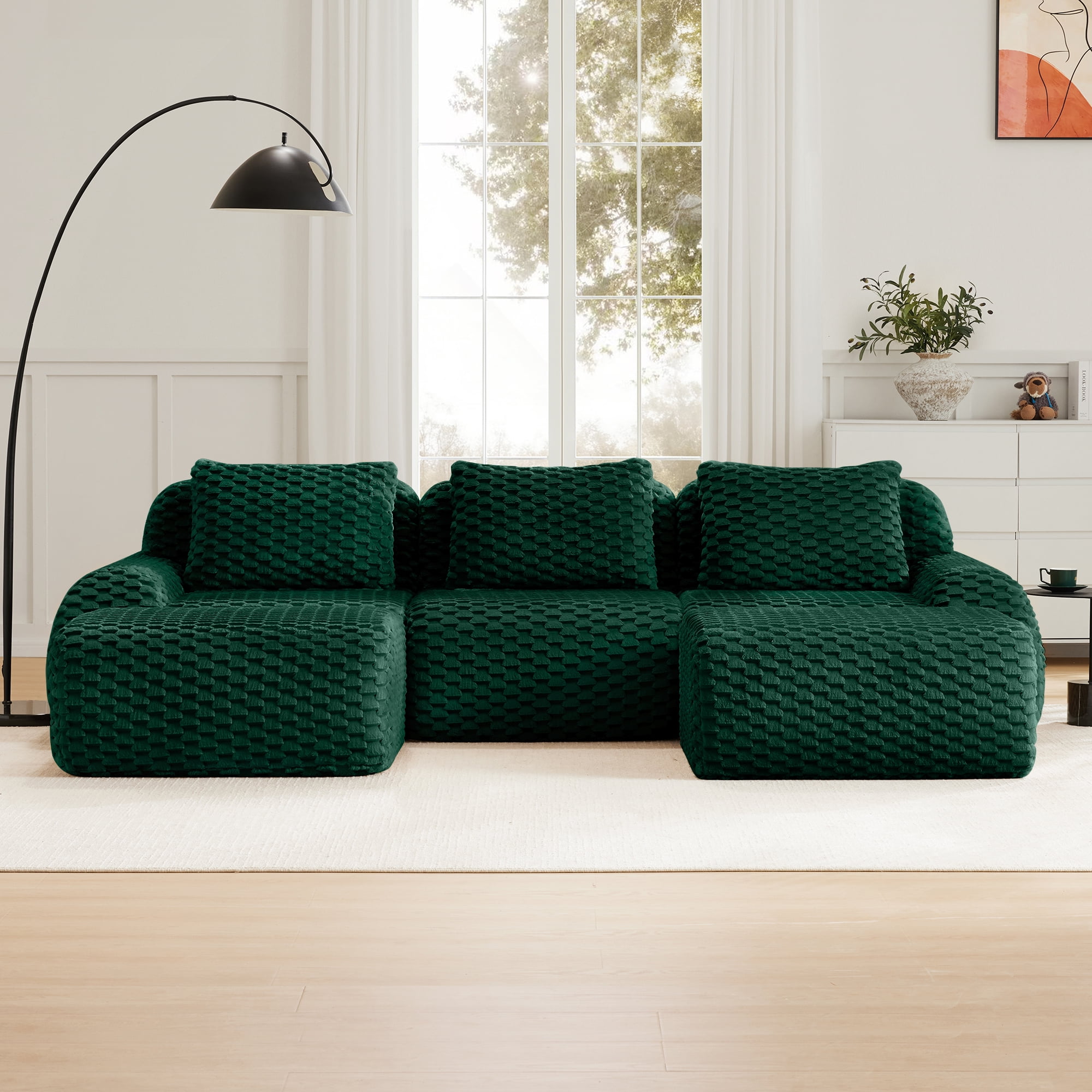 MAYEERTY 114" Modern U-Shaped Sofa, Textured Flannelette, Movable Ottoman, Cloud Comfort, No Assembly, Green