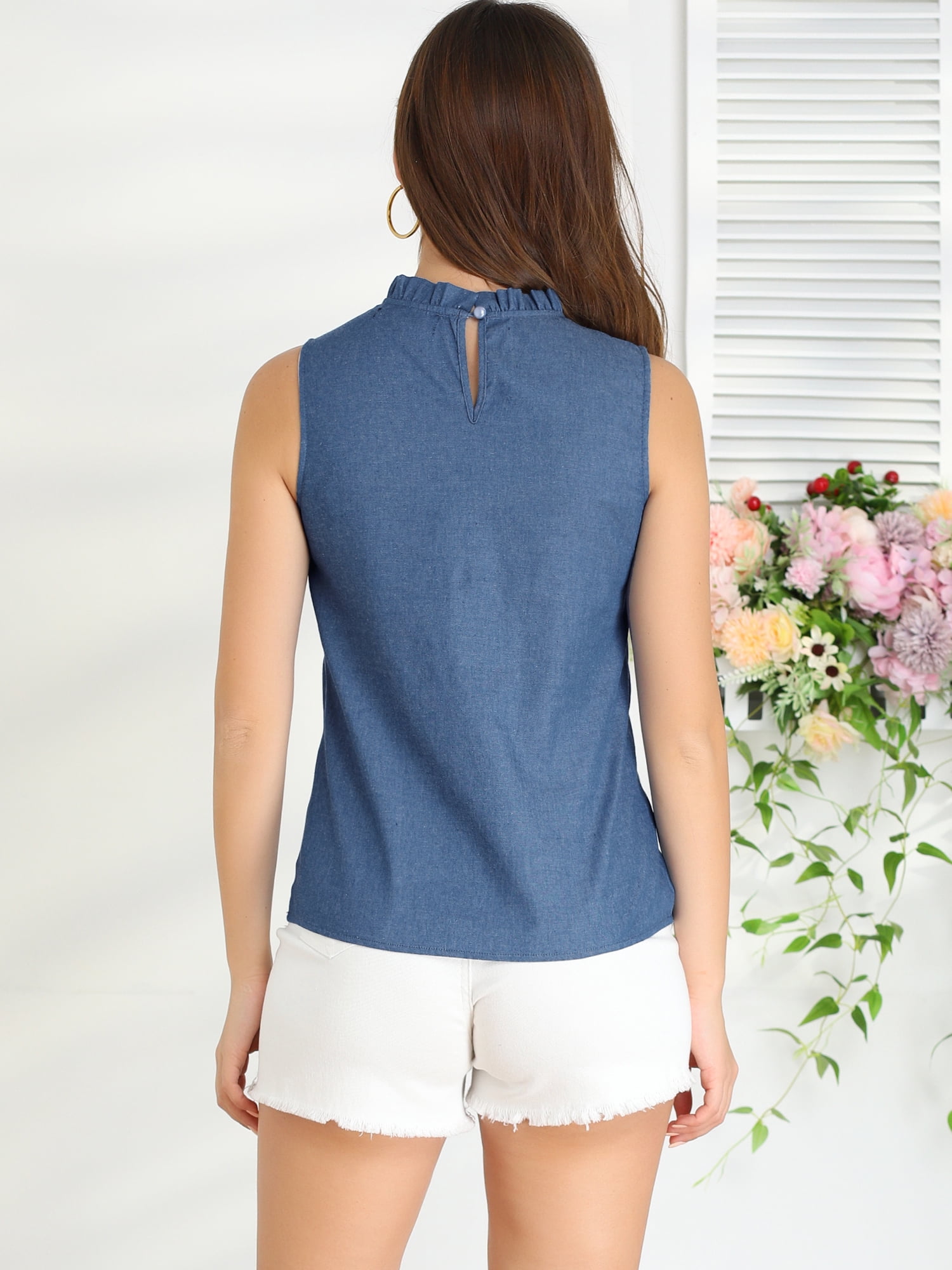 DARING DIVA Mock Neck Ruffle Sleeveless Casual Blouse Top S Blue