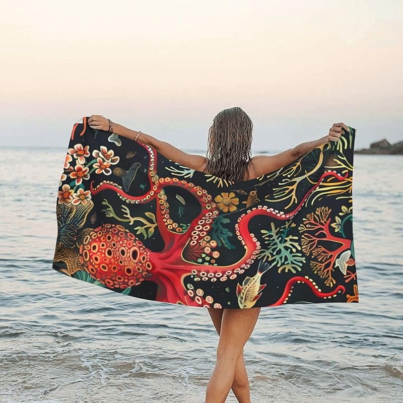 Red Octopus Oversized Sand Free Beach Towel 71x36IN Lightweight Quick Dry Terry Towel For Travel, Swimming, Pool, And Camping, Absorbent And Compact Beach Essential For Women And Men