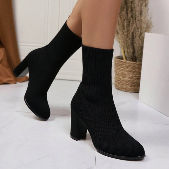 Bnwani Women Boots Ankle Fall Winter Fashion Pointed High-Heel Thick Chunky High Elastic Versatile Casual Sweet Boot Black Size 5.5