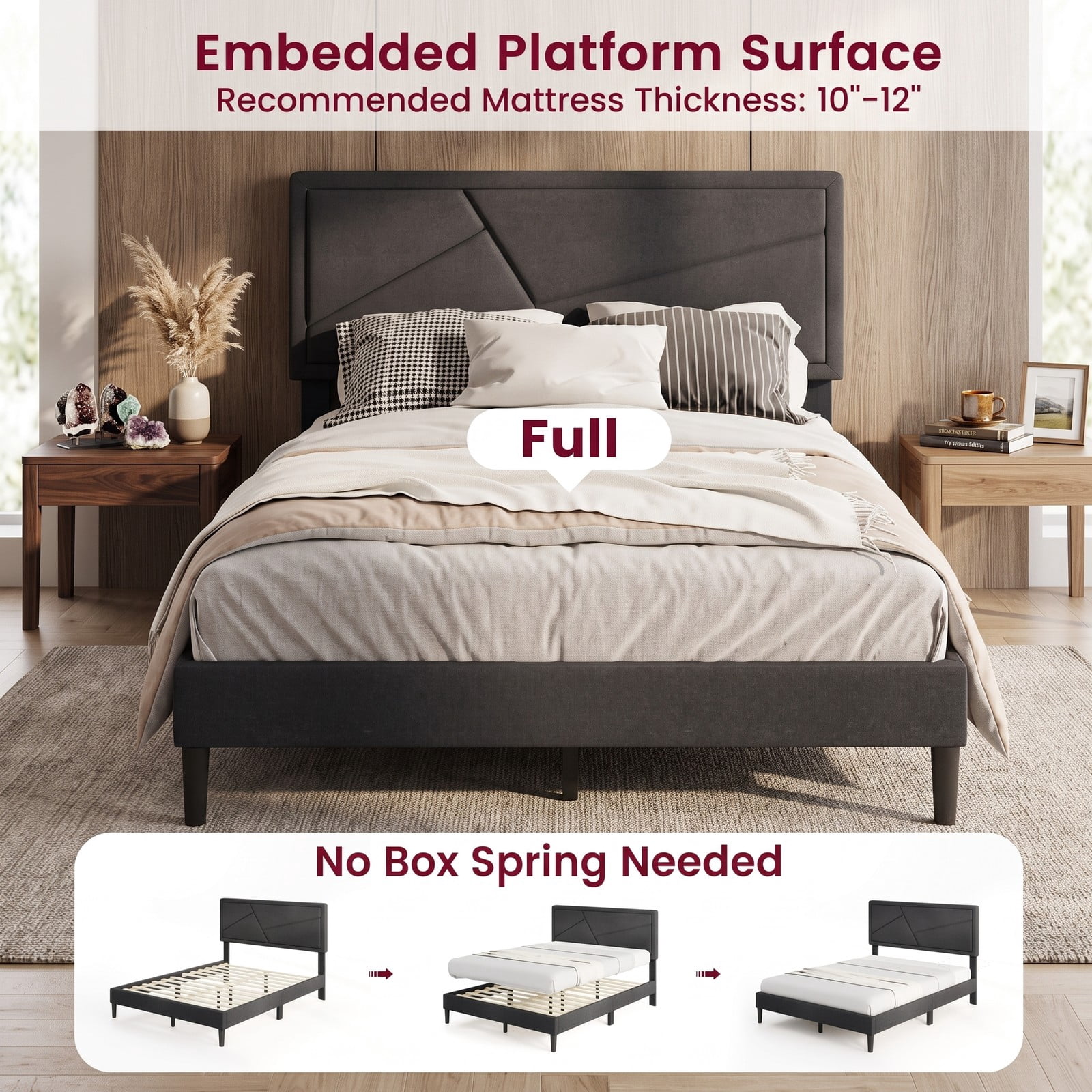 Furnibear Queen Size Bed Frame Upholstered Platform Bed Frame with High Headboard and 12 Plywood Slats for Modern Bedroom, Dark Gray