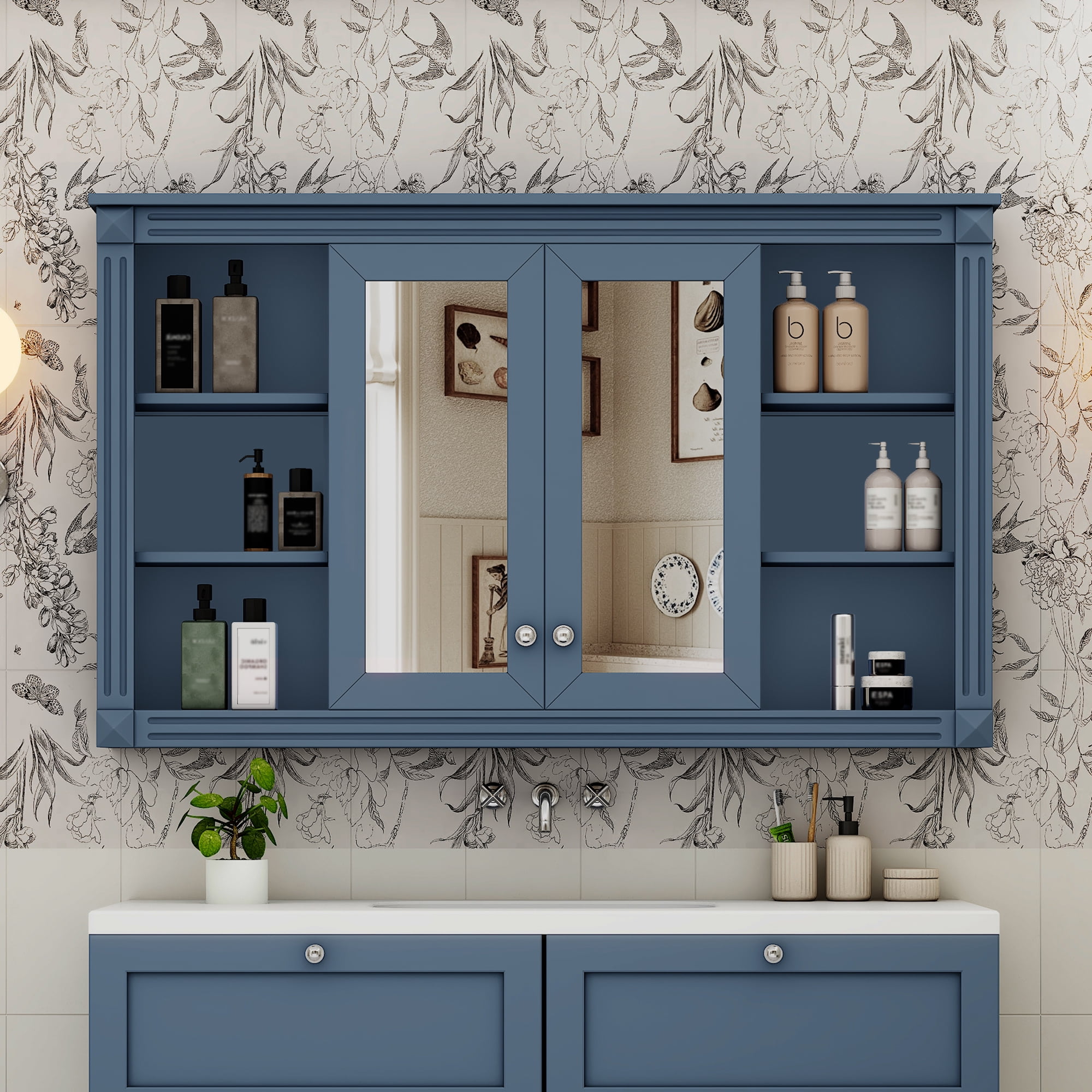 Euroco 47 Inch Bathroom Mirror Cabinet with Storage, Adjustable Shelf and Open Shelves, Wall Mounted Medicine Cabinet for Bathroom, Bedroom, Vanity