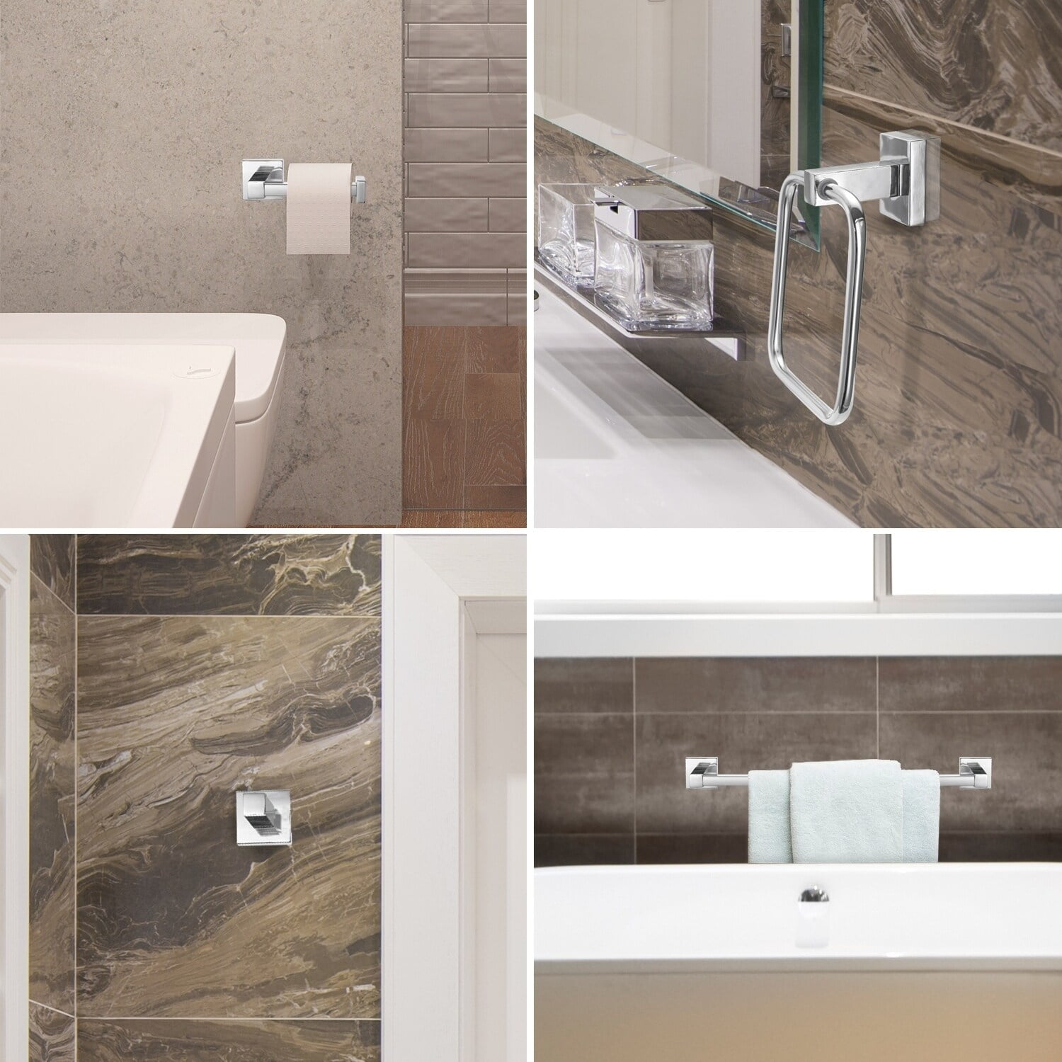 Globe Electric Finn 4-Piece Polished Chrome Bathroom Hardware Kit with Wall-Mount Towel Bar, Towel Ring, Robe Hook, and Toilet Paper Holder