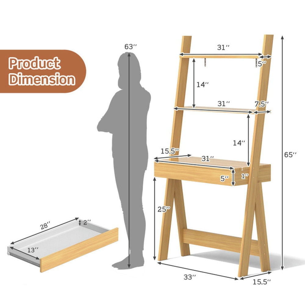 Demi Bonn 3-Tier Ladder Bookshelf, Desk Bookcase with Countertop Drawer and 2 Shelves, Beige