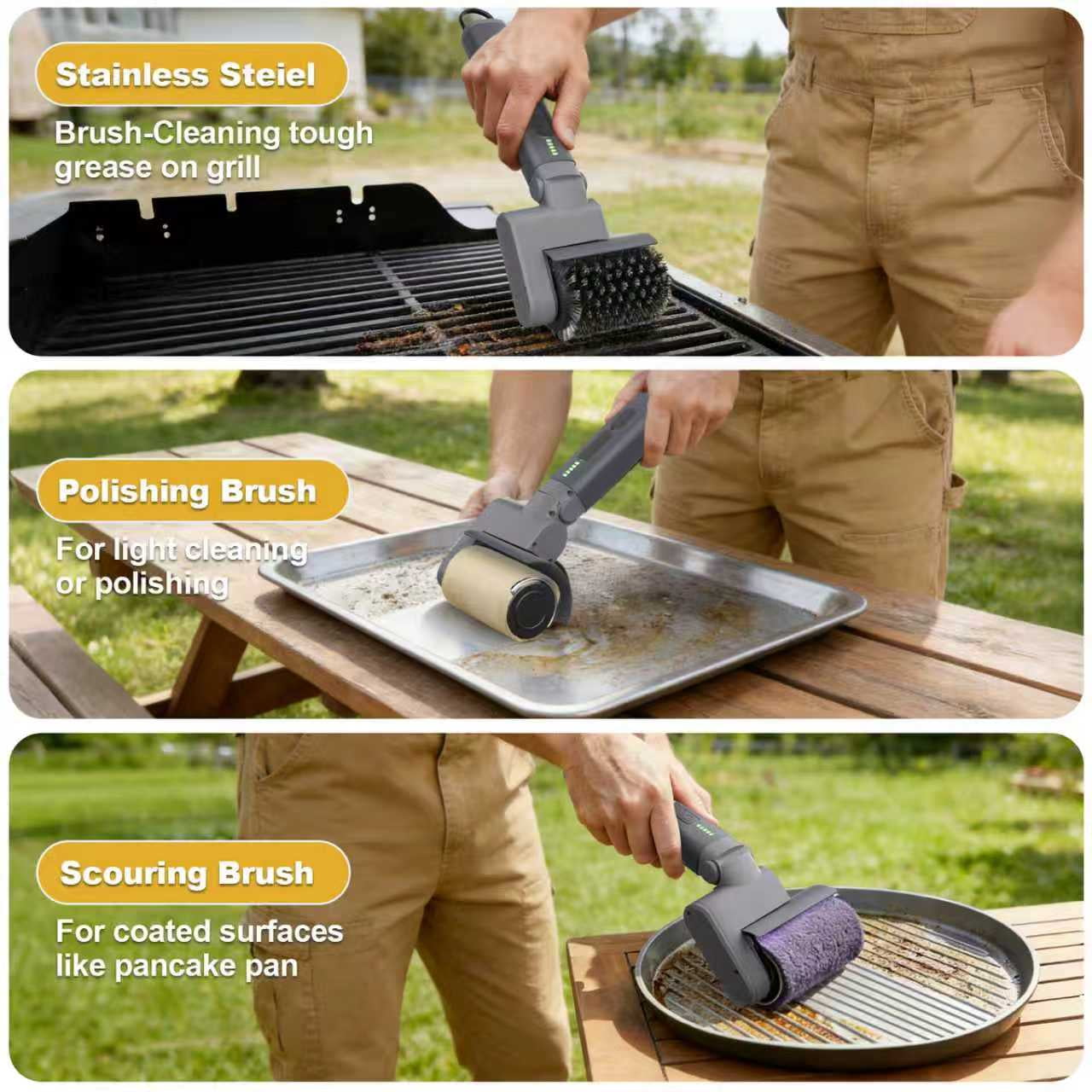 LHPY Electric Grill Brush Cleaner for Outdoor,150Mins BBQ Grill Cleaner with 3 Heads, 3-Speed & Angle Adjust Cordless Rotary Grill Brush(Gray)