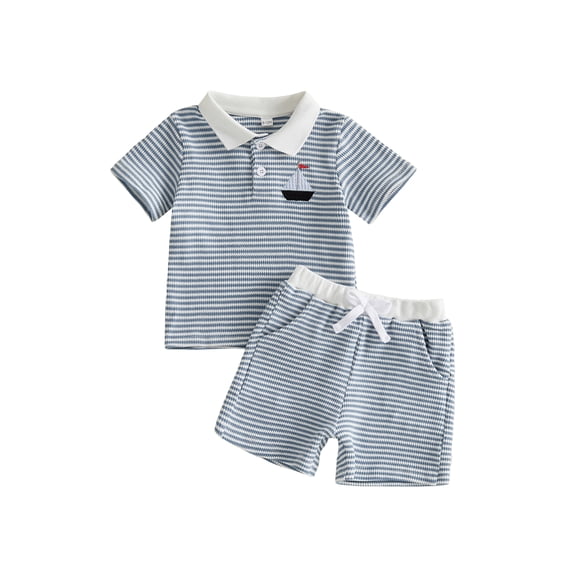 BemeyourBBs Toddler Baby Boy Summer Clothes Sailboat Outfit Striped Waffle Knit Embroidered Button Turn Down Neck Short Sleeve Shirt Tops and Pockets Shorts 2 Pcs Set