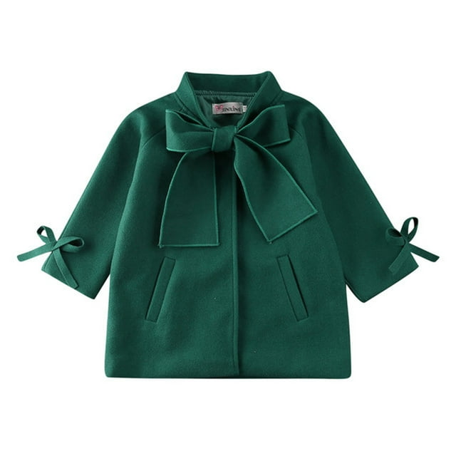 Gibobby Grandes NiñosChaqueta de abrigo de lana cálida de manga larga de invierno para niñas pequeñas, pajarita de Color sólido para ropa de bebés(Verde, 7-8 Años)