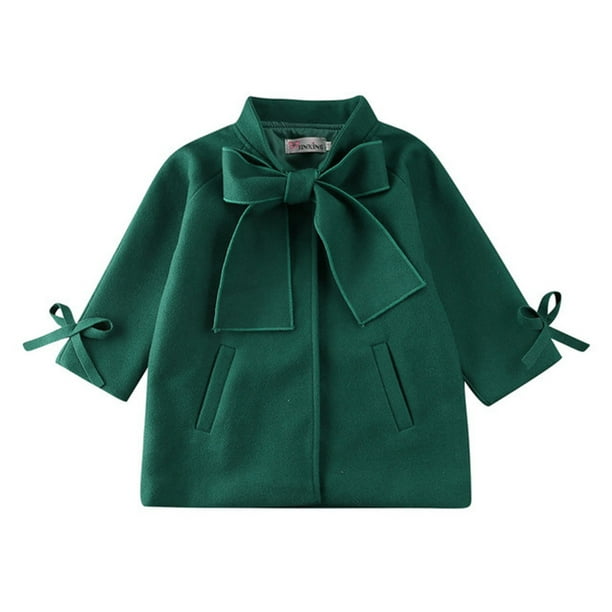 Gibobby Grandes NiñosChaqueta de abrigo de lana cálida de manga larga de invierno para niñas pequeñas, pajarita de Color sólido para ropa de bebés(Verde, 7-8 Años)