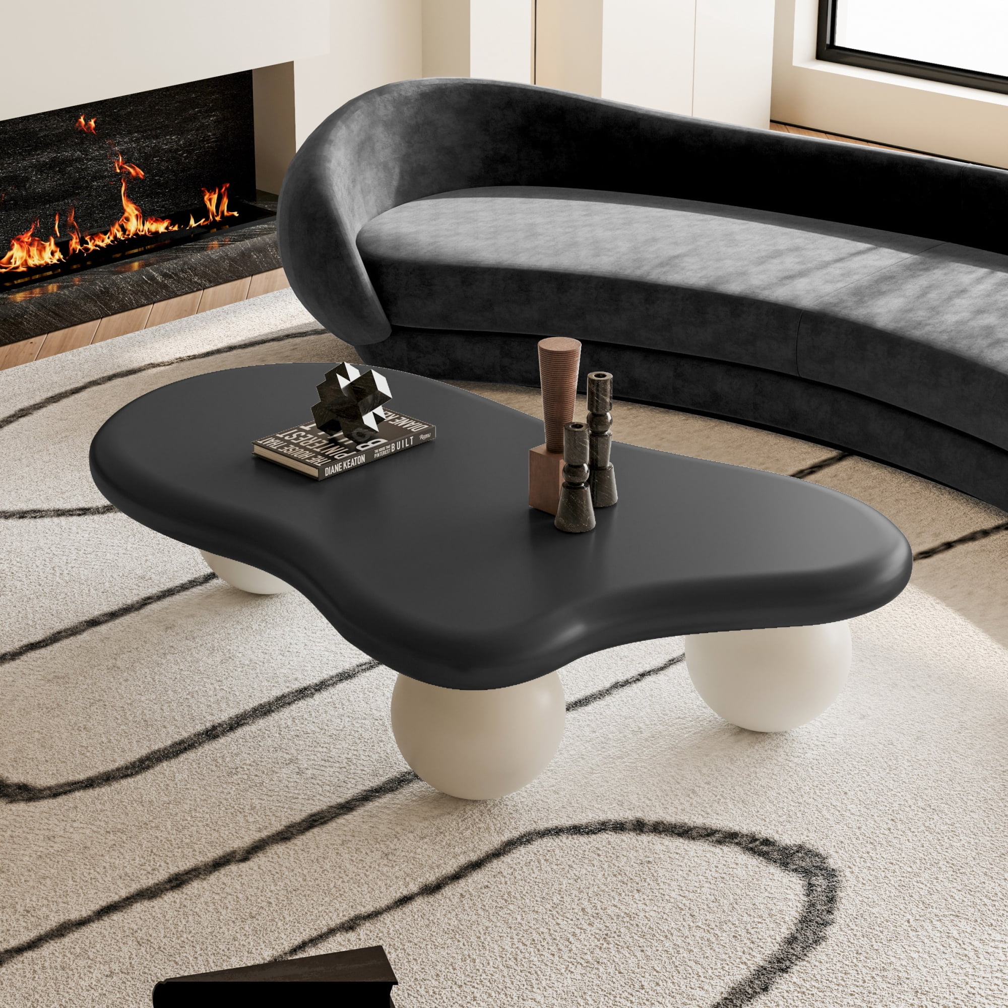 47.2" Cloud Coffee Table for Living Room, Irregular Coffee Table Modern Low Coffee Tables Abstract Faux Stone Cute Center Table with 3 Ball Legs for Small Space Apartment