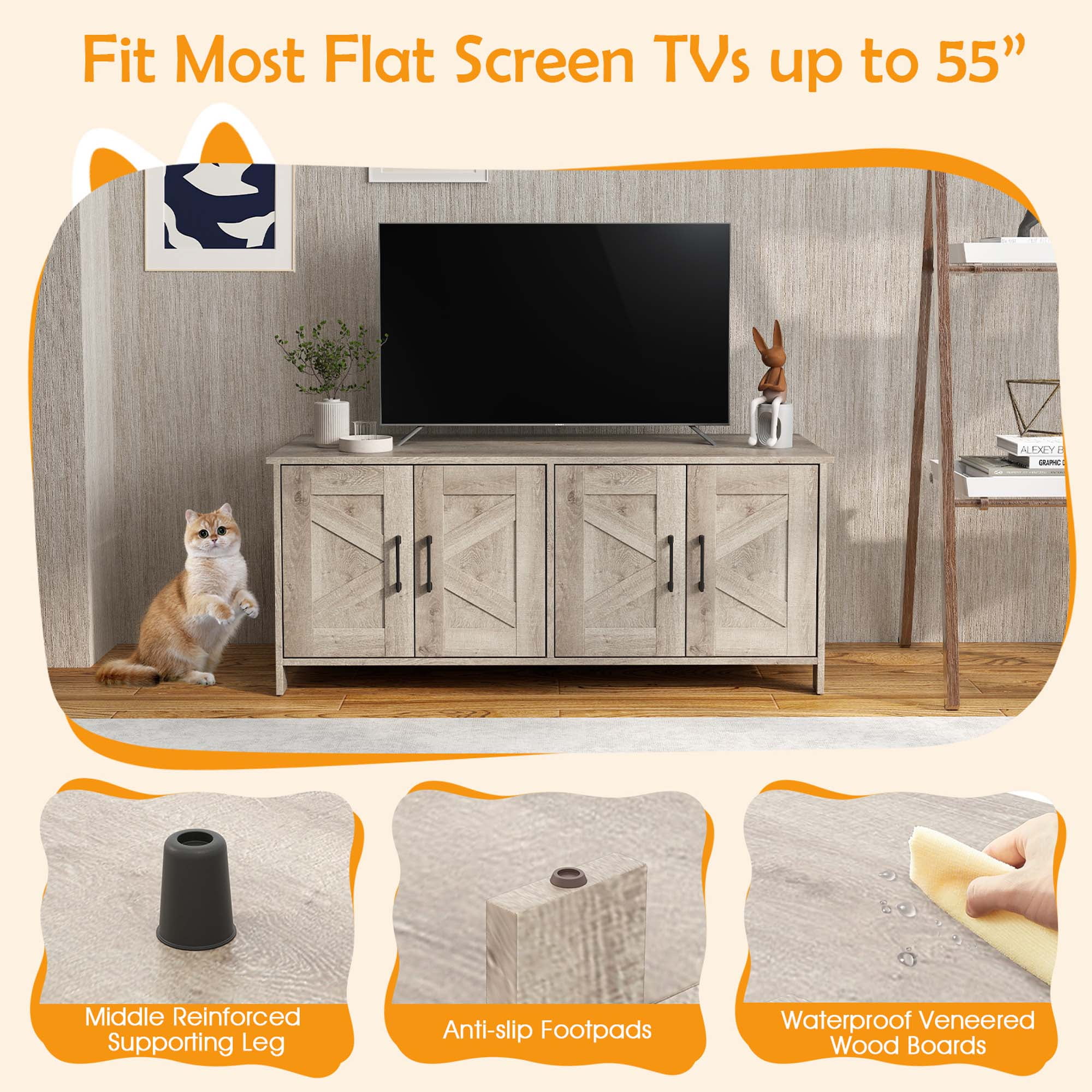 Gymax Cat Litter Box Enclosure for 2 Cats w/ Double Rooms Wooden Cat Washroom Cabinet Oak
