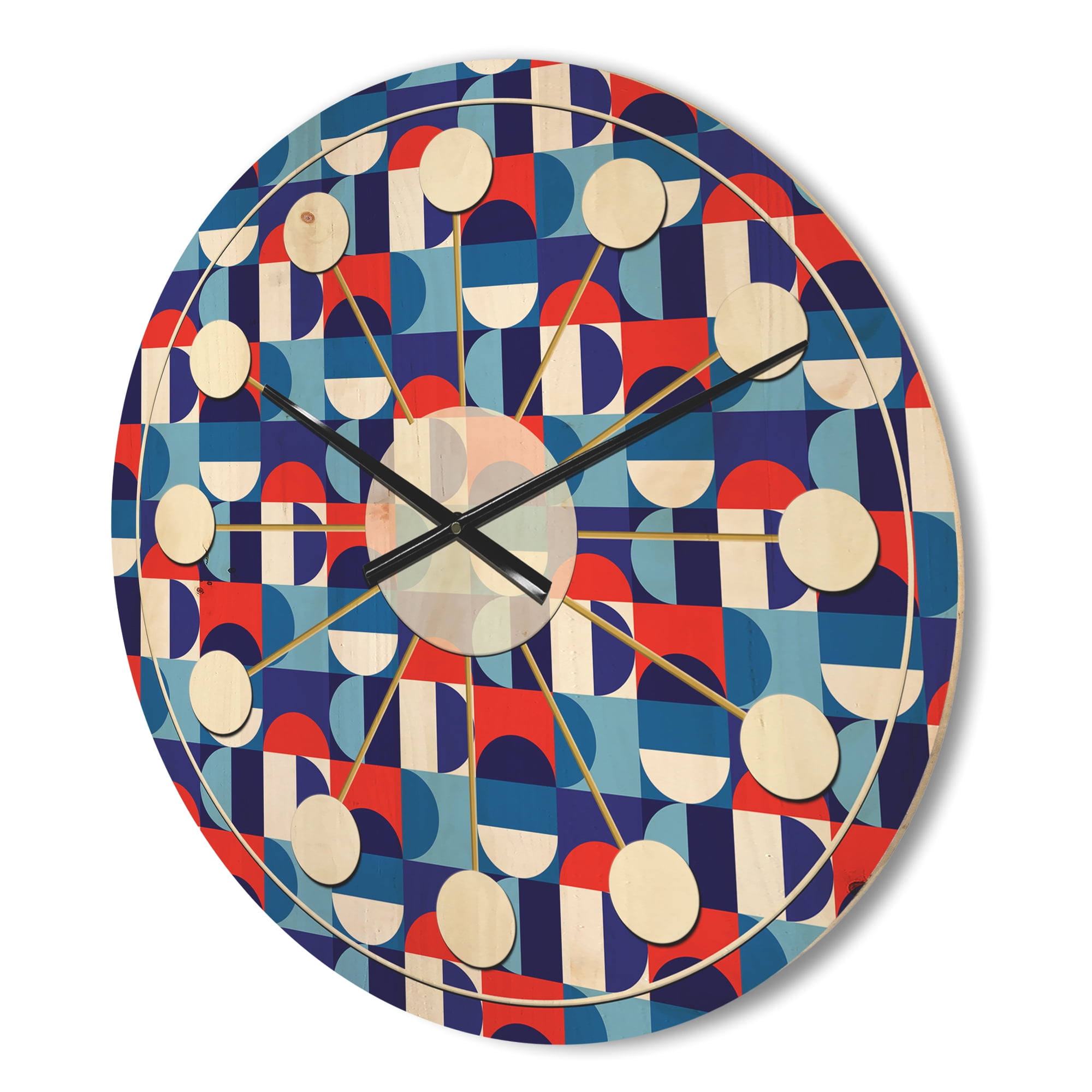 Designart 'Red, Blue & White Polka Dots' Mid-Century Modern Wood Wall Clock