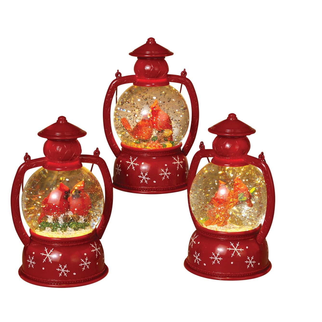 Christmas Red Lantern Cardinals Spinning Water Snow Globe Battery