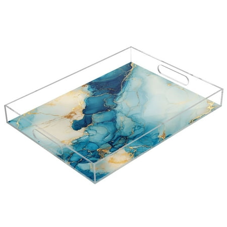 

WOBOGO Cyan Gilt Patterns Acrylic Serving Trays 15.7x11.8 Inch Spill Proof Clear Decorative Organizer with Handle