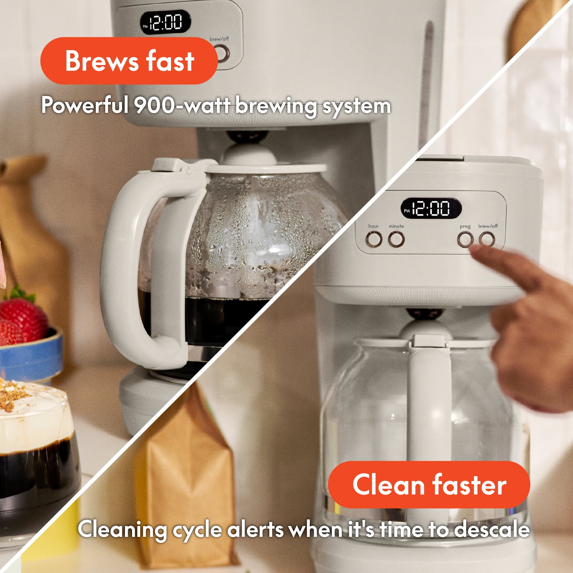bella 12 Cup Programmable Drip Coffee Maker with Glass Carafe, Auto Shut-Off, Oatmilk
