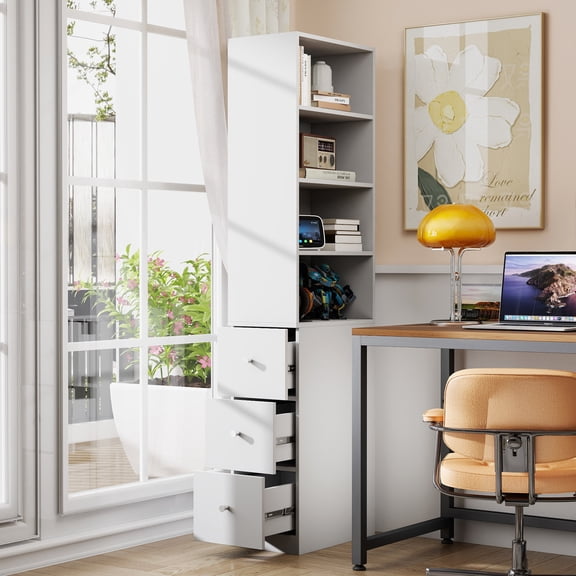 Tall Display Storage Cabinet 4-Tier Shelf 3 Side Drawers Bookcase for Living Room, White
