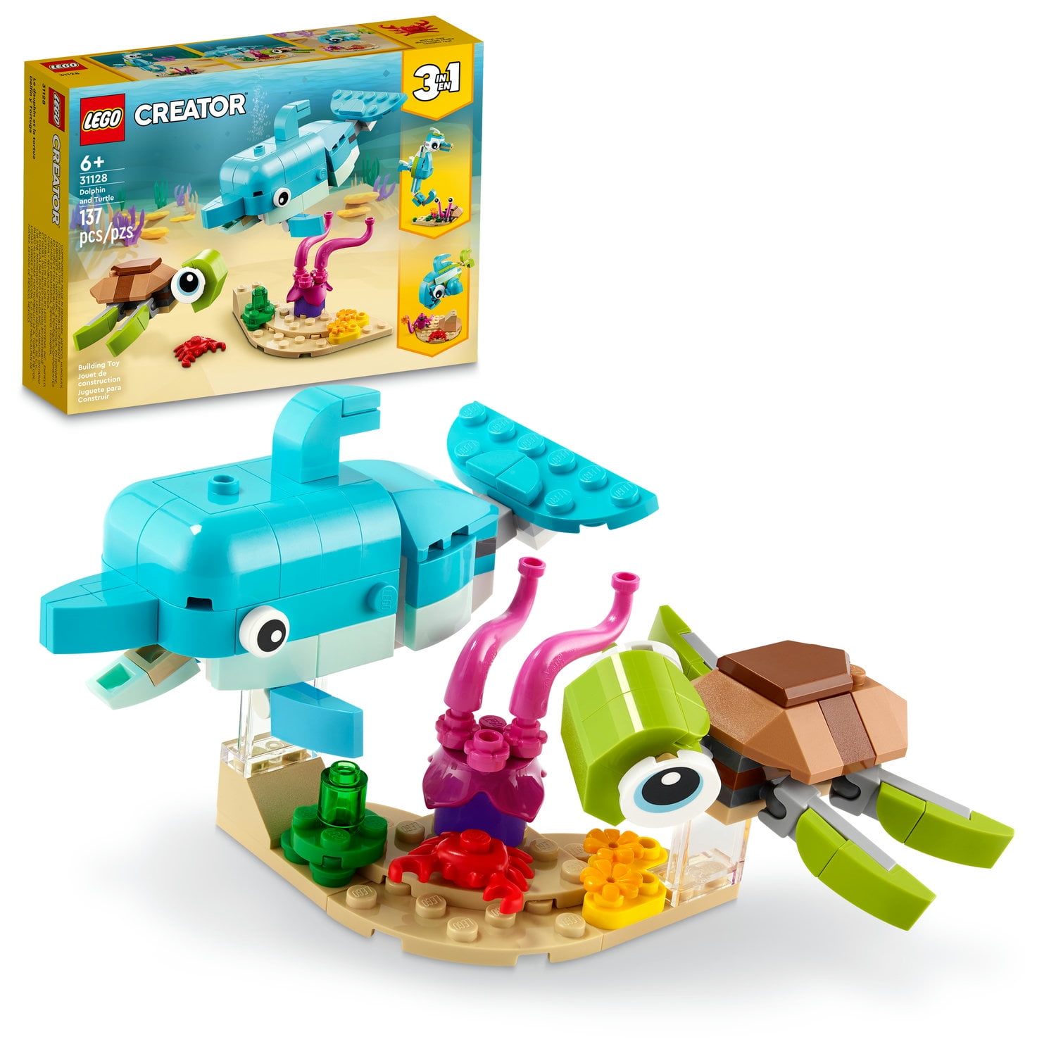 LEGO Creator 3in1 Dolphin and Turtle 31128 Building Kit; Features a Baby Dolphin and Baby Sea Turtle; Creative Gift for Kids Aged 6+ Who Love Imaginative Play (137 Pieces)