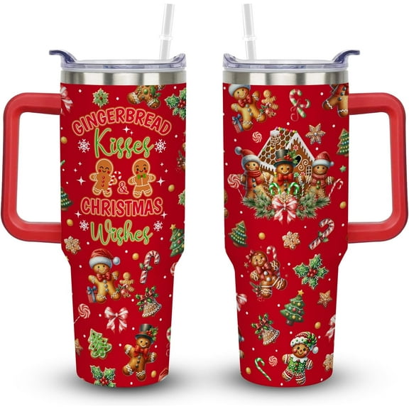 40 oz Gingerbread Christmas Tumbler with Handle Gifts for Women Adults Girls, Stainless Steel Christmas Insulated Tumblers with Lids and Straws, Red