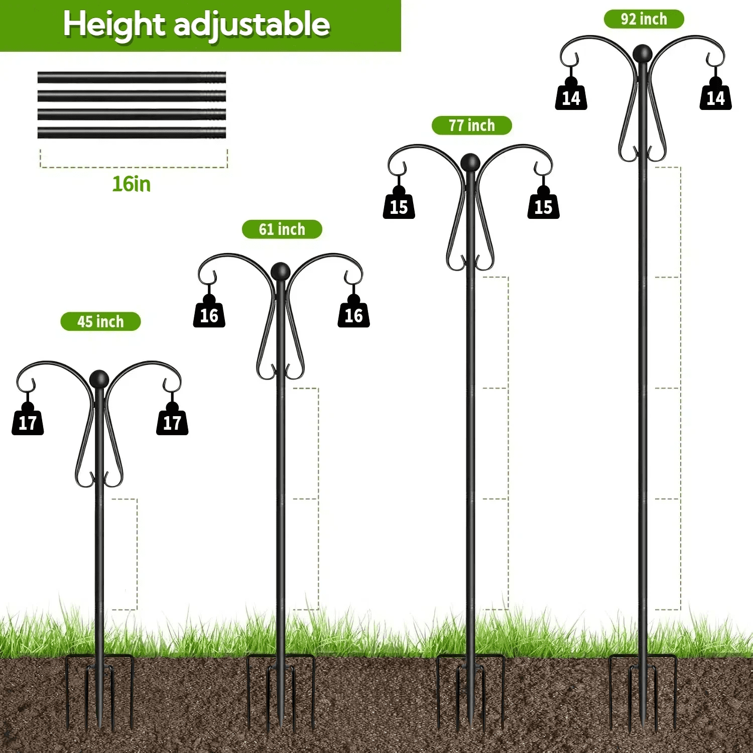 Shepherds Hooks for Outdoor, 92 Inch Heavy Duty Bird Feeder Pole with 5 Prongs Base, Adjustable Shepherds Hook for Hanging Birdhouses, Lanterns, Plant Baskets, Wind Chimes