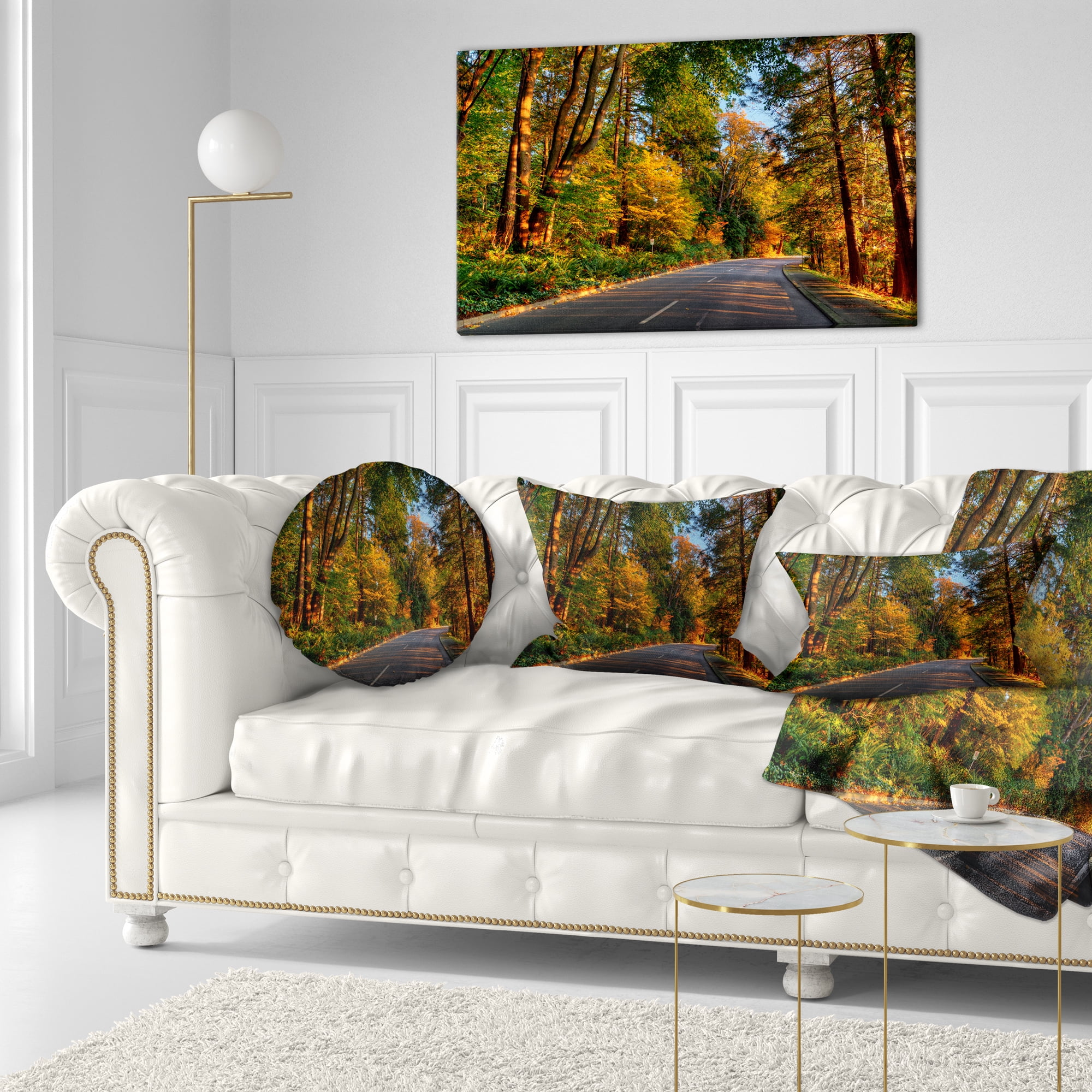 Designart Road through Lit up Fall Forest - Landscape Printed Throw Pillow - 12x20