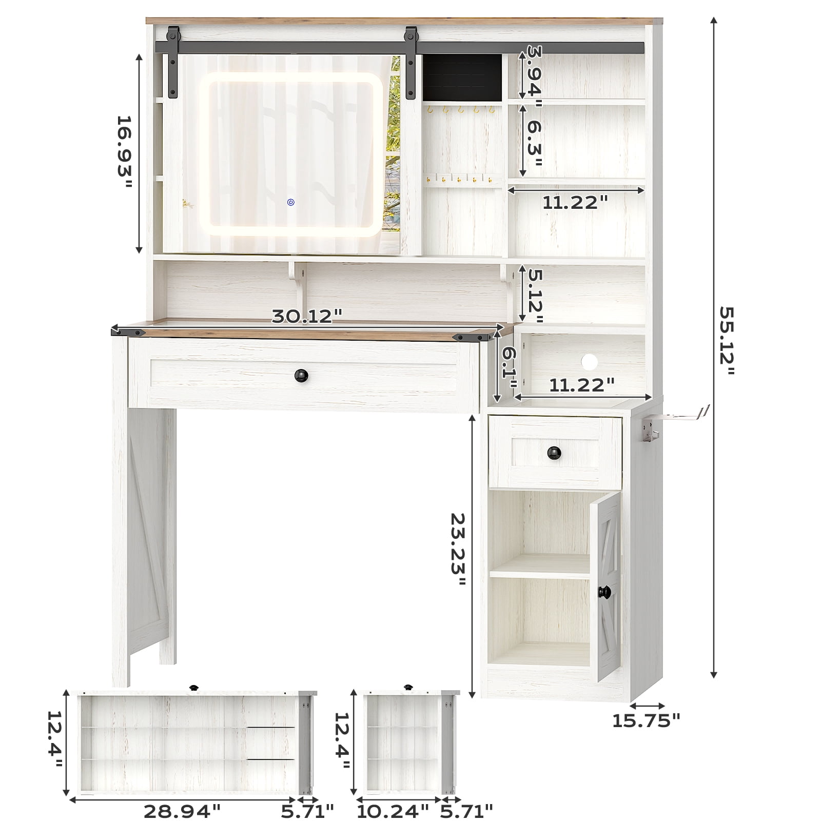 Ktaxon Farmhouse Makeup Vanity with Sliding Barn Door,  Vanity Table Set w/ Lighted Mirror, Washed White