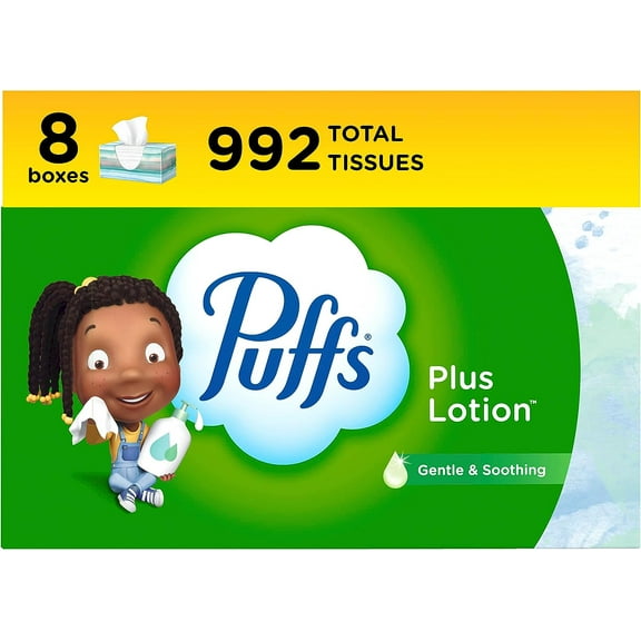 Plus Lotion Facial Tissues, 8 Family Boxes, 124 Facial Tissues per Box, Allergies and Colds