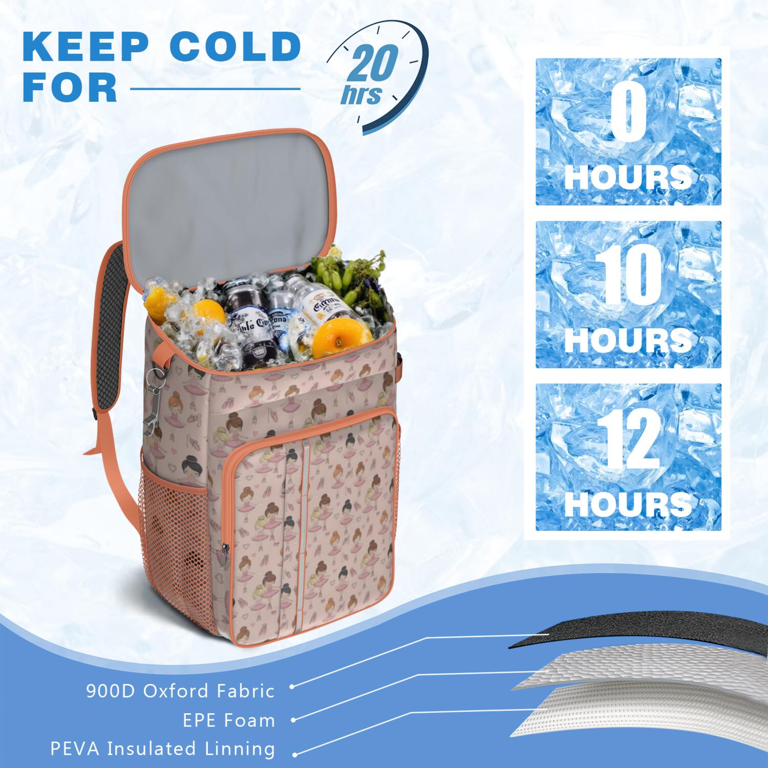 Travel Cooler Bag - Pink Ballerina Pattern Camping Beer Cooler Backpack with Bottle Opener- Waterproof Insulated Picnic Backpacks - Cooler Bag for Beach