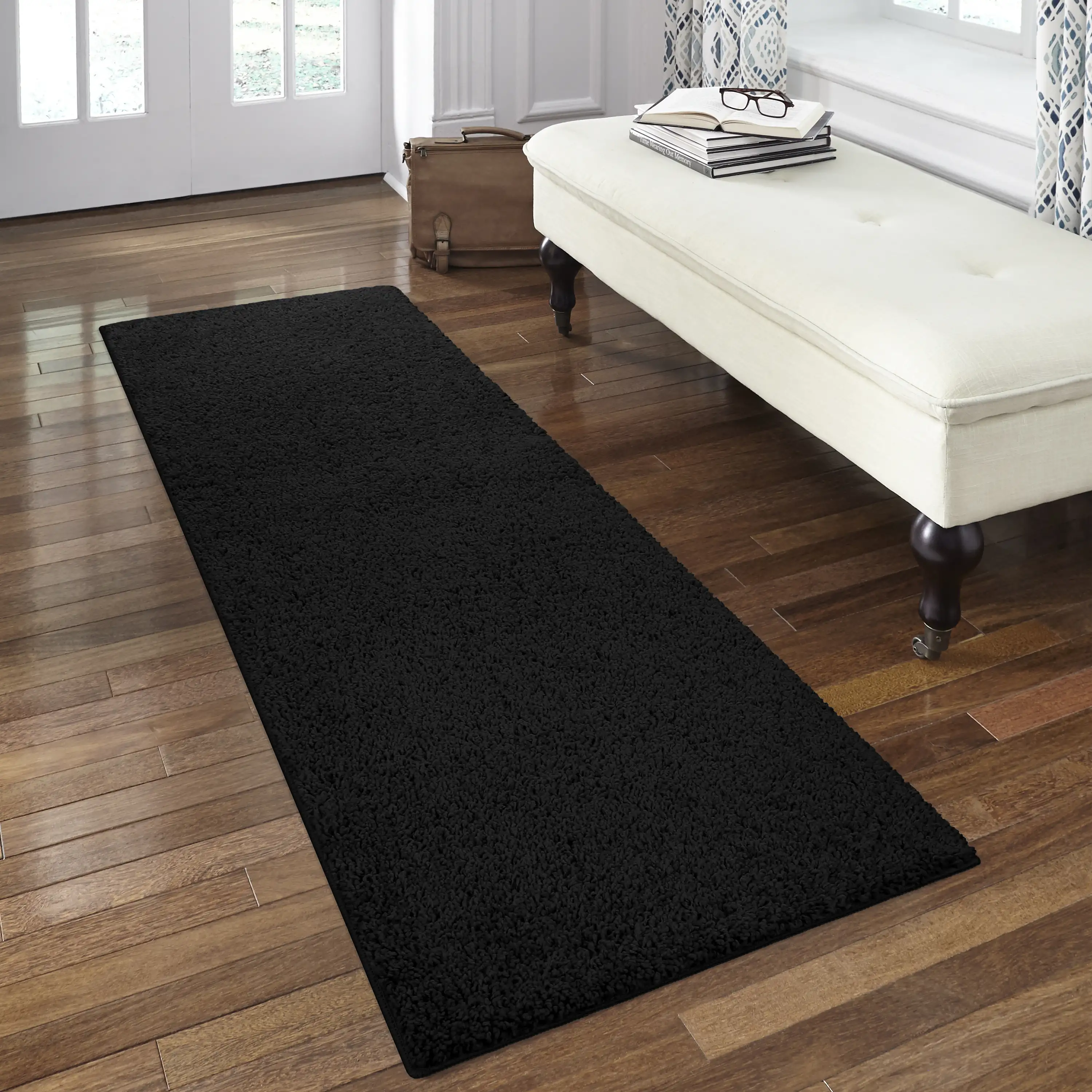 Mainstays Traditional Solid Black Shag Indoor Hallway Runner Rug, 1'9"x5'