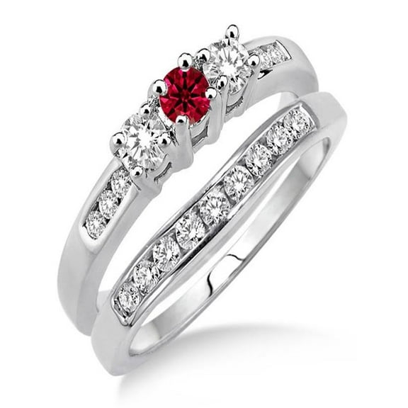 2 Carat Ruby & Diamond Elegant Three Stone Trilogy Round Cut Bridal set on 10k White Gold