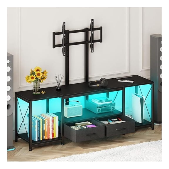 LED TV Stand with Mount and Power Outlet & Fabric Drawers for 32-85 Inches TV - Entertainment Center and Industrial TV Console Table for Living Room, Bedroom- 47" Black