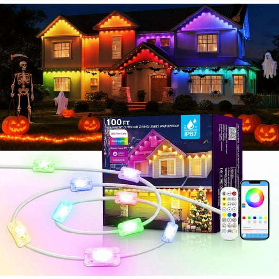 100FT Permanent Outdoor Lights,RGB IC Eaves Lights with App & Remote Control，50 Scene Modes, IP68 Waterproof, for Christmas, Holiday, Daily & Pool Party Decor, House Roof Lighting