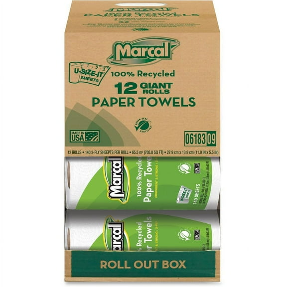 Marcal Giant Paper Towel in a Roll Out Carton - 2 Ply - 140 Sheets/Roll - White - Paper - Perforated - For Office Building, Washroom, Restroom - 12 / Carton | Bundle of 5 Cartons
