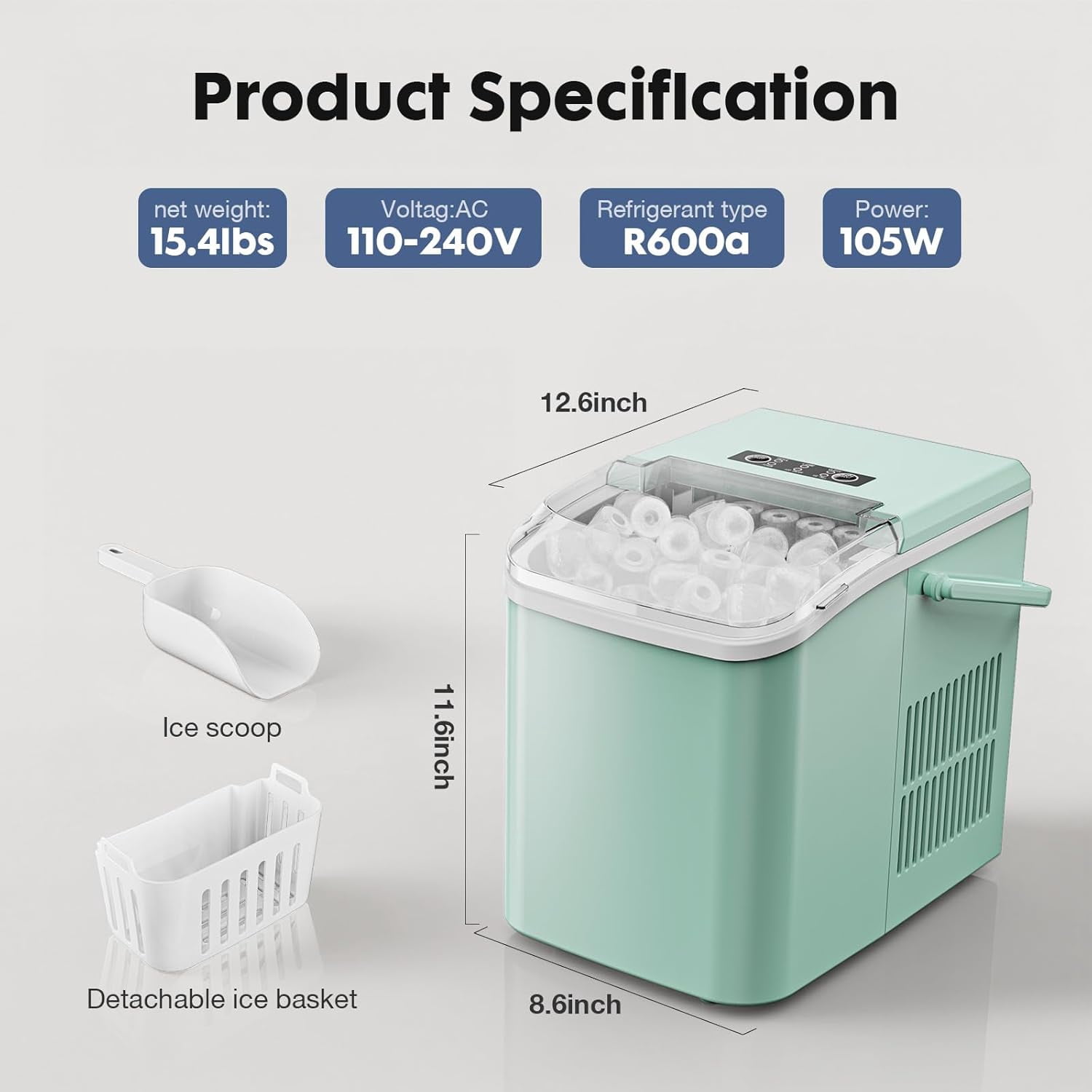 Countertop Ice Maker with Scoop and Basket, Portable Ice Machine Makes 9 Cubes in 6 Minutes, 26.5lbs per Day, 2 Cube Sizes for Home Kitchen Office Bar, Green