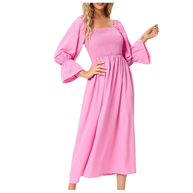 Womens Solid Color Mid-Length Dress Bubble Sleeves To Beat the Dress