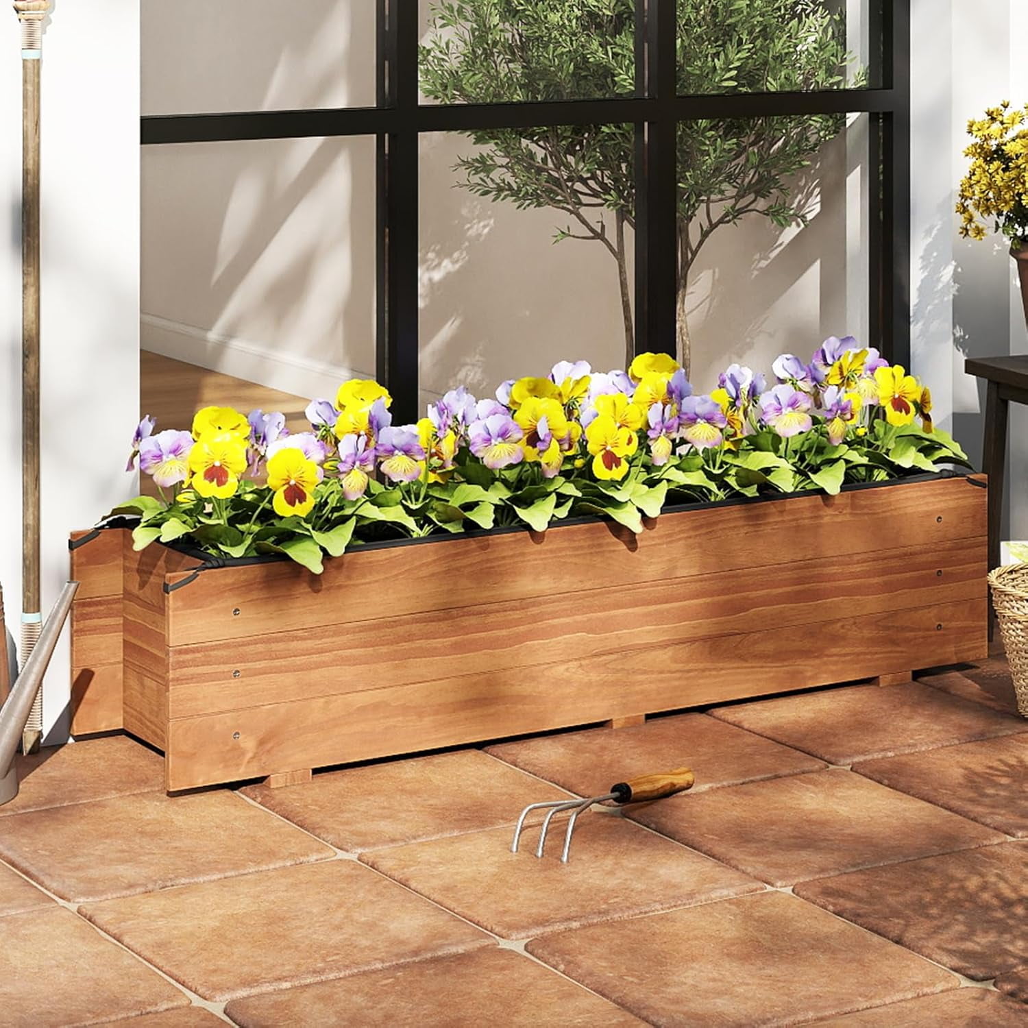 ZMSHOP Raised Garden Bed, 44" x 11" x 10" Wood Rectangle Planter Box with Drainage Holes, Water-Resistant Paint, Decorative Window Box, Outdoor Garden Bed for Fruit Vegetable Flower Herb, Orange