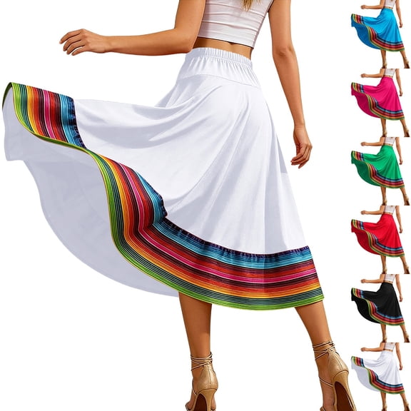 Gealkoca Women's Colorful Stripe Hem Skirts Dance Performance Costume Belly Dance Skirts Elastic Waist A-Line Flared Maxi Skirts