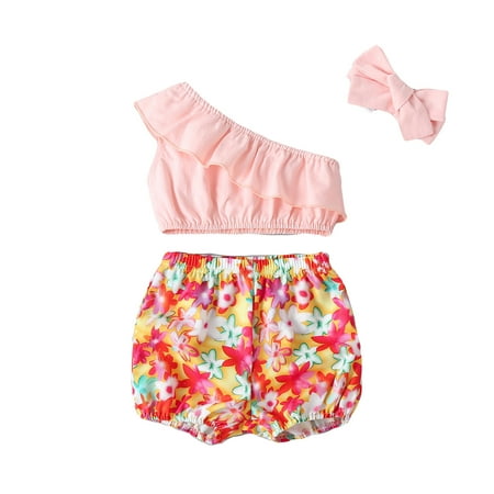 

QWERTYU Newborn Infant Baby Toddler Summer Sleeveless Clothing Set Ruffle Shirts and Shorts Set Outfits One Shoulder with Headband for Girl 0-2Y