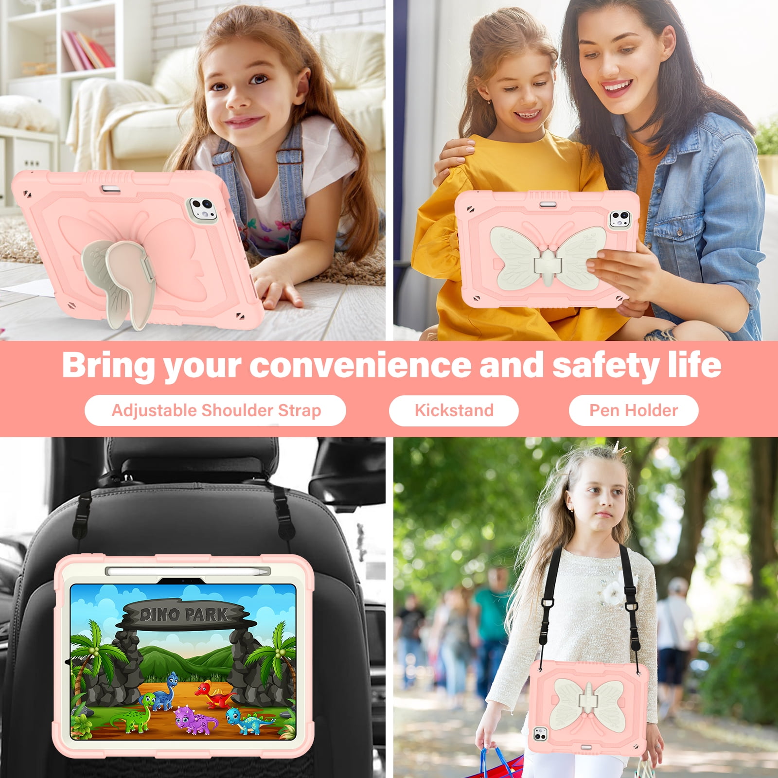 Allytechgroup iPad Pro 11 M4 2024 Case, Cute Butterfly Design Heavy Duty Shockproof Shoulder Strap Pencil Holder Kickstand Bumper Kids Friendly Rugged Case for Apple iPad Pro 11" 2024,Pink+Beige