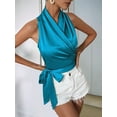 thumbnail image 5 of Women'S Satin Blouse Wrap V Neck Sleeveless Tie Side Summer Elegant Crop Tops Blue M, 5 of 7